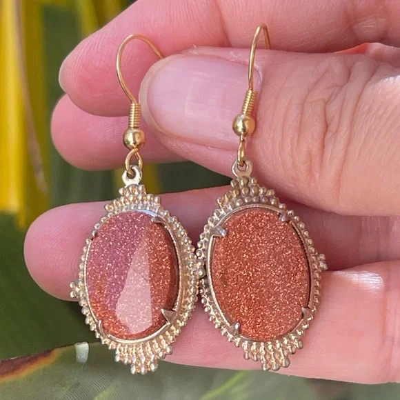 Orange brown goldstone & gold tone hoop earrings - Picture 1 of 5